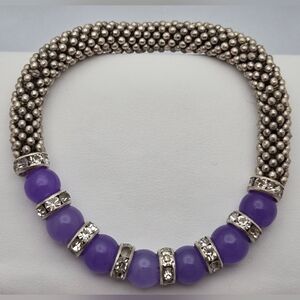 Handmade Amethyst & Silver Beaded Stretch Bracelet 8.5” Purple Artisan Fashion